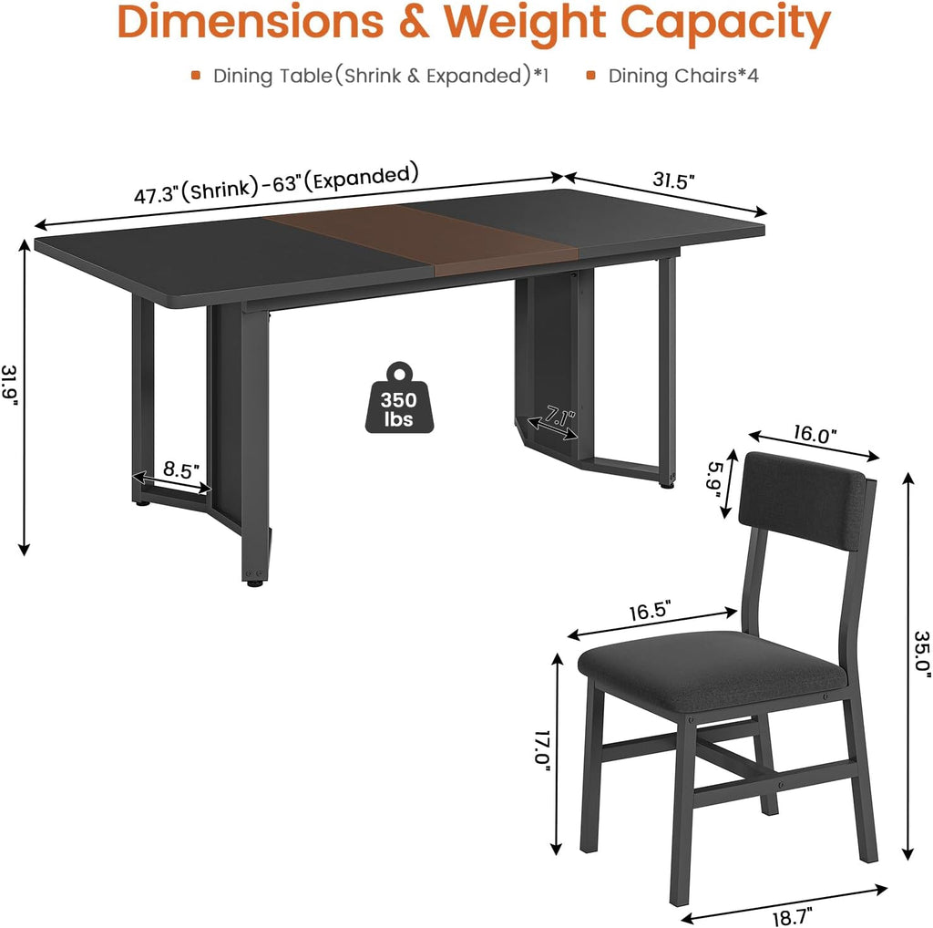 Itaar 5-Piece Dining Table Set for 4-6 People, 63" Extendable Kitchen Table and 4 Cushion Chairs, Dining Room Table with MDF Board & Metal Frame for Small Space, Easy Clean, Black