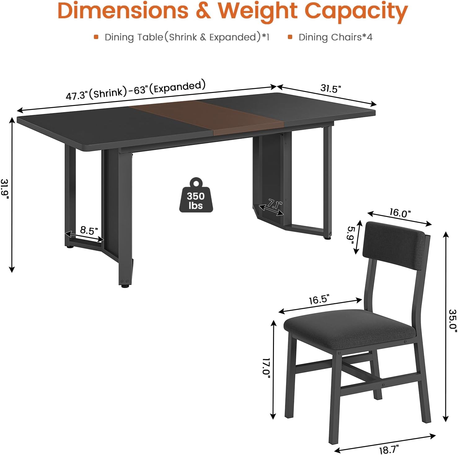 Itaar 5-Piece Dining Table Set for 4-6 People, 63" Extendable Kitchen Table and 4 Cushion Chairs, Dining Room Table with MDF Board & Metal Frame for Small Space, Easy Clean, Black