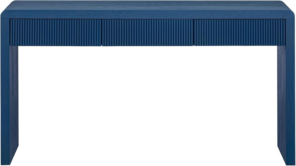 Knocbel Console Table with 3 Fluted Drawers, Rustic Sofa Tables with Solid Wood Veneer & Wood Grain for Entryway Hallway Living Room, 55.1" W x 15.8" D x 29.8" H, Navy