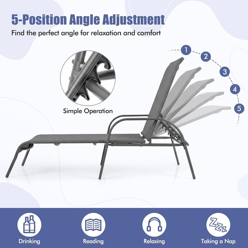 Tangkula Outdoor Lounge Chairs Set of 2, Patio Chaise Lounge with Adjustable Backrest, Reclining Pool Lounge Chairs for Outside with Heavy Duty Steel Frame for Beach, Yard, Balcony, Poolside