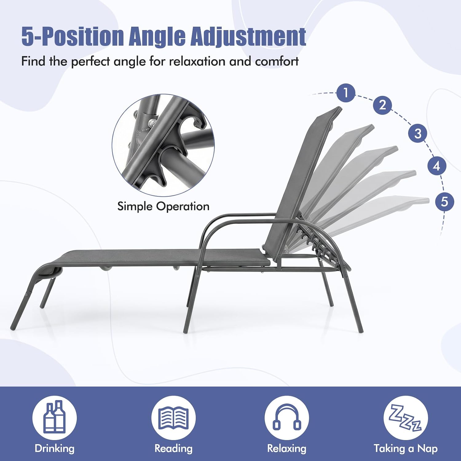 Tangkula Outdoor Lounge Chairs Set of 2, Patio Chaise Lounge with Adjustable Backrest, Reclining Pool Lounge Chairs for Outside with Heavy Duty Steel Frame for Beach, Yard, Balcony, Poolside