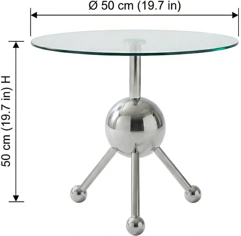 FT Global 19.7-Inch Round Glass End Table, Stainless Steel Sphere Tripod Base, Silver, Tool-Free Assembly