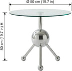 FT Global 19.7-Inch Round Glass End Table, Stainless Steel Sphere Tripod Base, Silver, Tool-Free Assembly