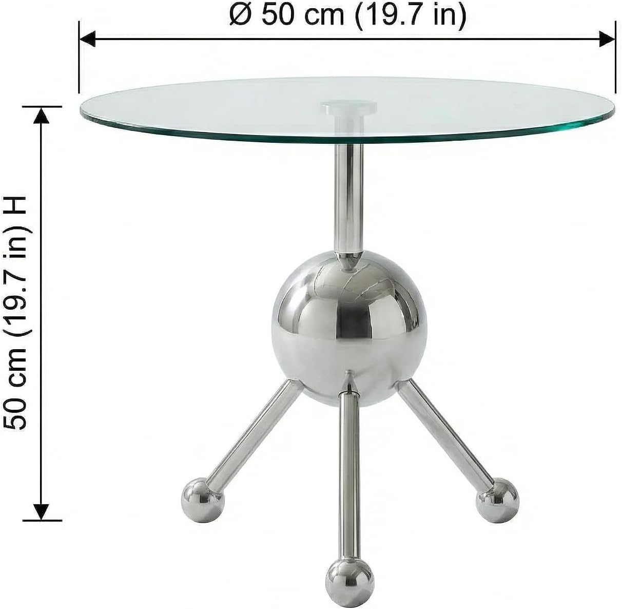 FT Global 19.7-Inch Round Glass End Table, Stainless Steel Sphere Tripod Base, Silver, Tool-Free Assembly