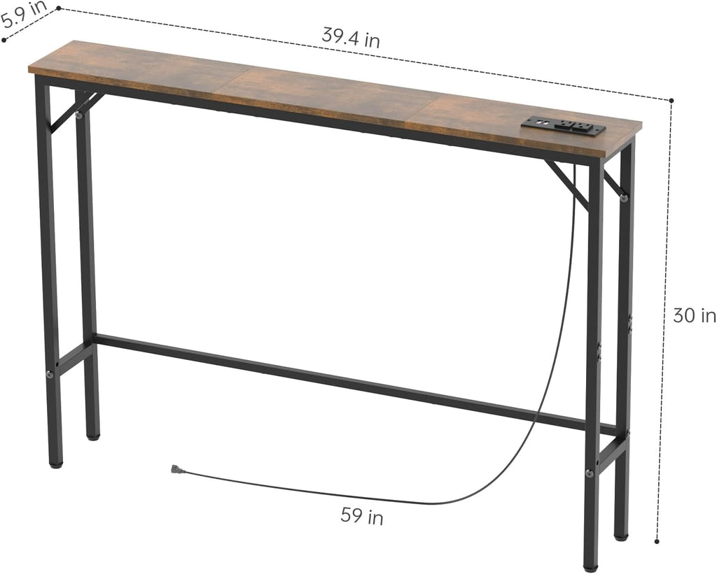 Aduanbang 5.9" Console Table with Outlet – Narrow Sofa Table, Behind Couch Table for Living Room & Hallway, 5.9" x 39.4" x 30", Metal Frame, Rustic Brown