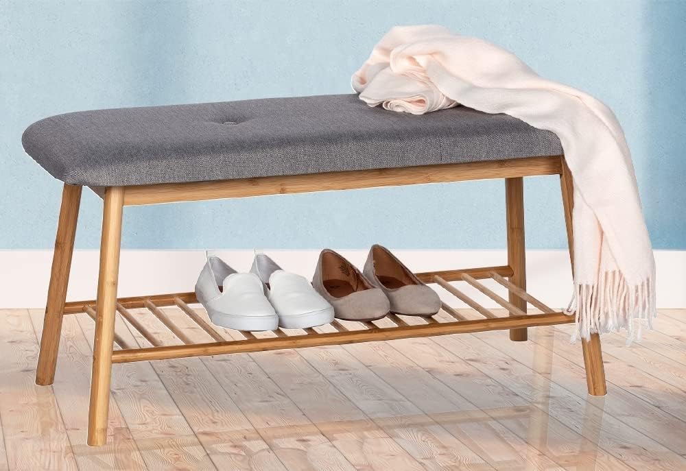 WENKO Entryway Bench with Shoe Storage, Shoe Storage Bench, Shoe Bench with Padded Seat, Bamboo Shoe Rack, Shoe Shelf, Grey, 90 x 45 x 34 cm