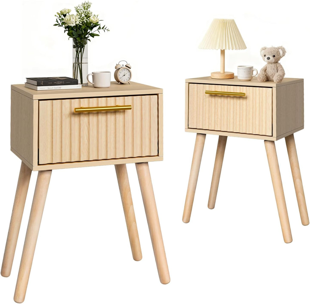 Kerry Small Fluted Nightstand, Bedside Table for Small Space, Modern End Table with Storage Drawer for Living Room, Bedroom, Solid Wood Feet, MDF, Wooden, Two Pack