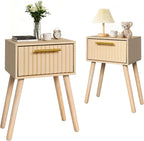 Kerry Small Fluted Nightstand, Bedside Table for Small Space, Modern End Table with Storage Drawer for Living Room, Bedroom, Solid Wood Feet, MDF, Wooden, Two Pack