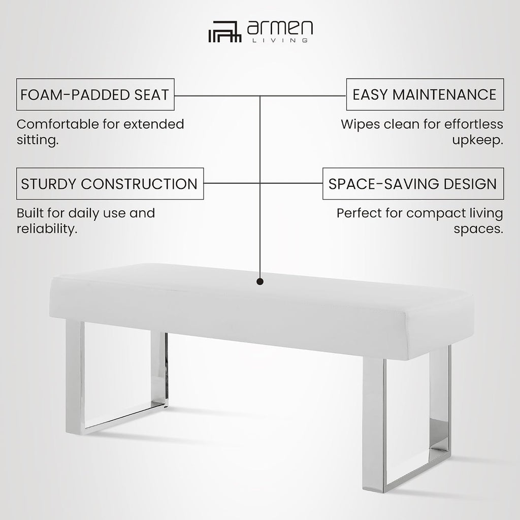 Armen Living Amanda Bench in White and Chrome Finish 48"x18"x19"