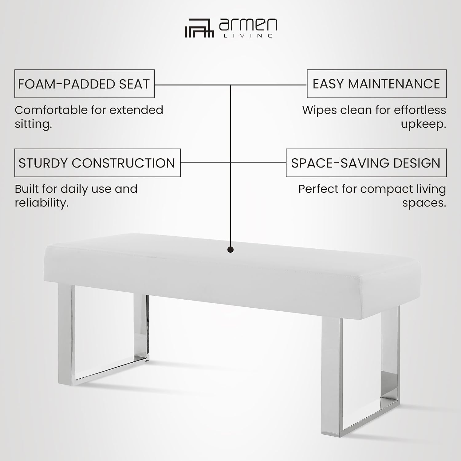 Armen Living Amanda Bench in White and Chrome Finish 48"x18"x19"