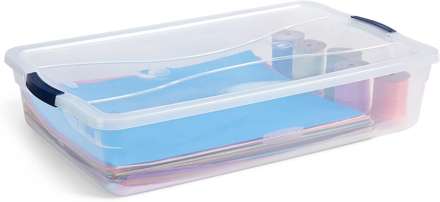 Rubbermaid Cleverstore 42 Quart Stackable Plastic Storage Bin with Lids for Garage, Closet, and Classroom, Clear, 4 Pack