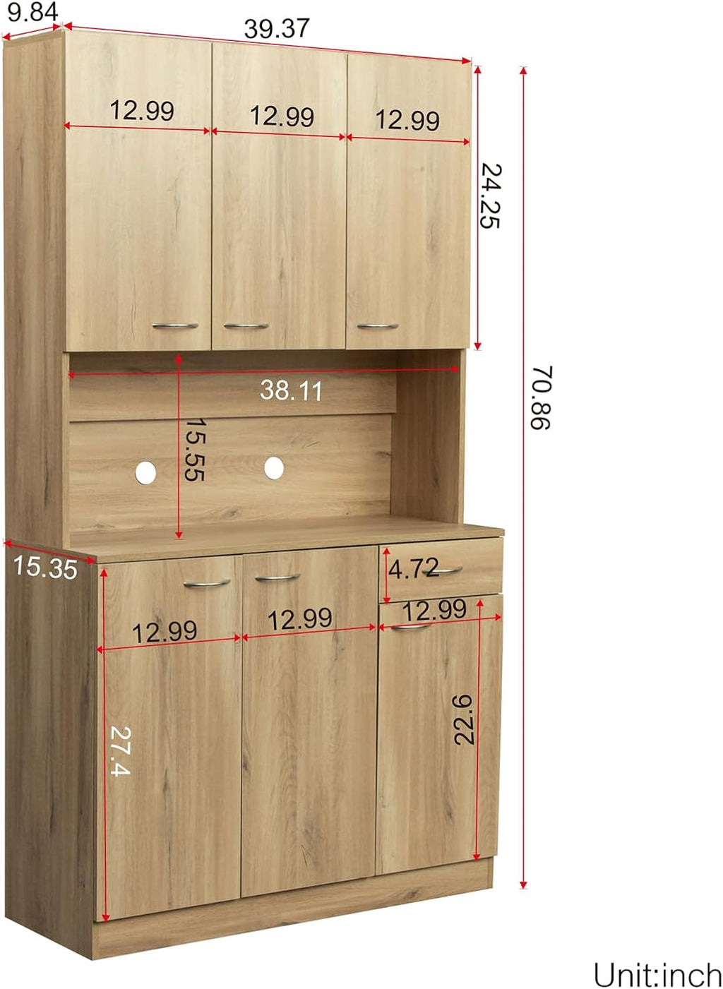 39.37" W Kitchen Pantry Cabinet, Freestanding Farmhouse Storage Cabinet with 6 Door and 1 Drawer, Tall Cupboard for Kitchen, Living Room, Dining Room and Bathroom, Rustic Oak