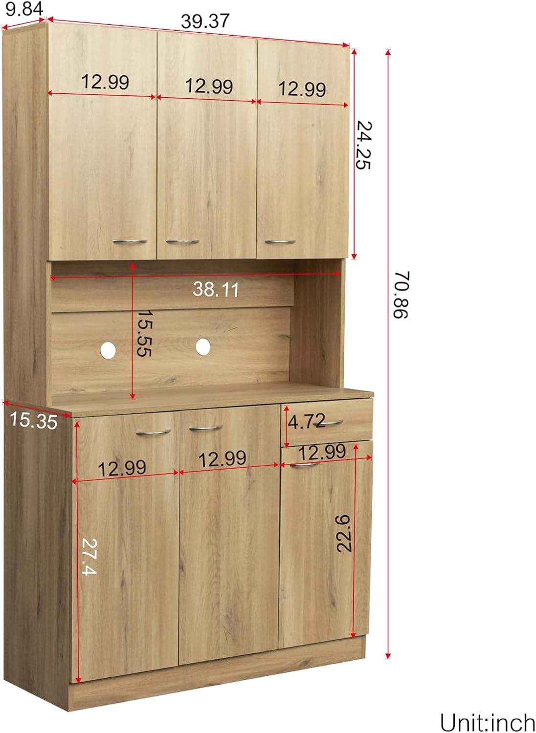 39.37" W Kitchen Pantry Cabinet, Freestanding Farmhouse Storage Cabinet with 6 Door and 1 Drawer, Tall Cupboard for Kitchen, Living Room, Dining Room and Bathroom, Rustic Oak