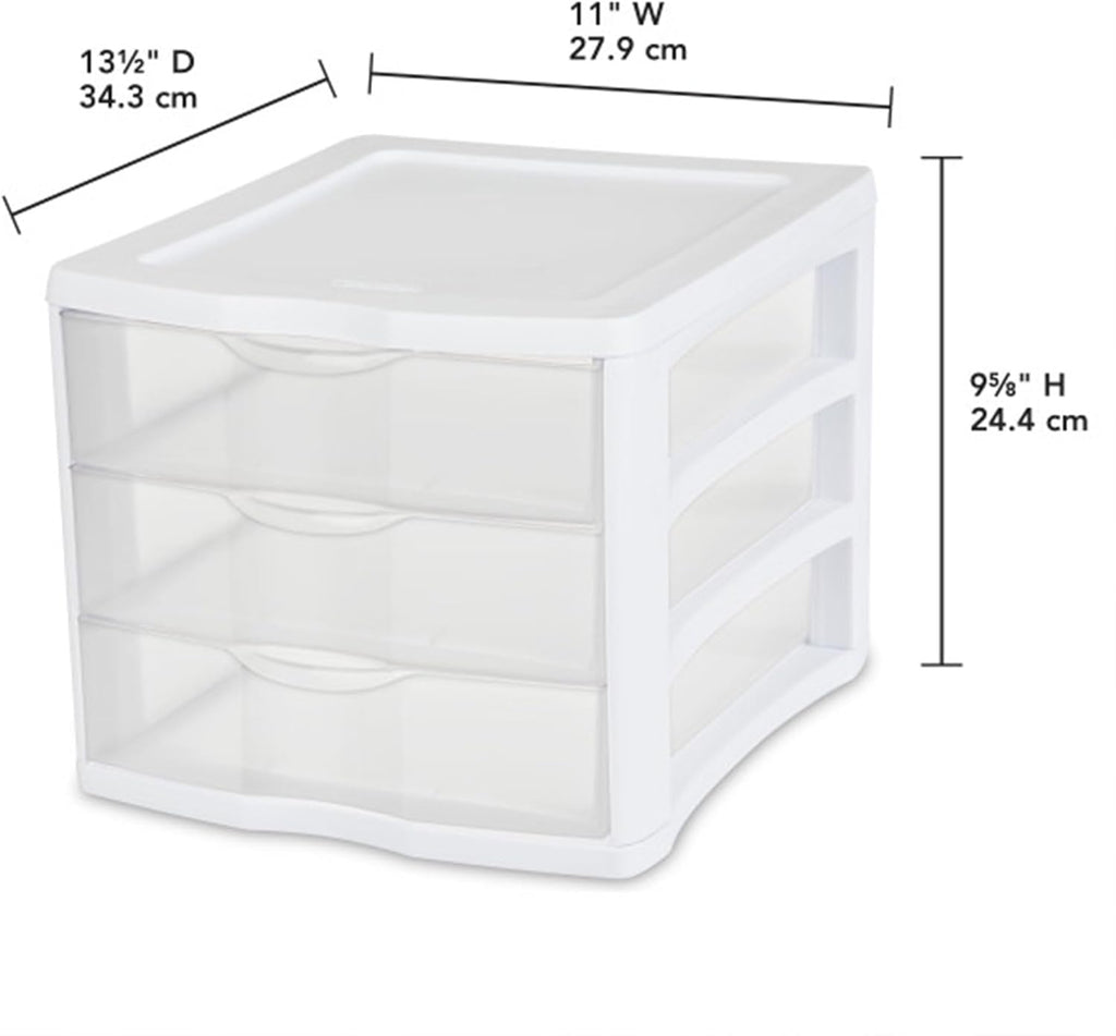 Sterilite 4-Pack 3 Drawer Unit, Stackable Plastic Organizer with Drawers, White Frame - Multi-Purpose Countertop Storage Containers for Office Supplies, Craft Rooms, Classrooms and Home Organization