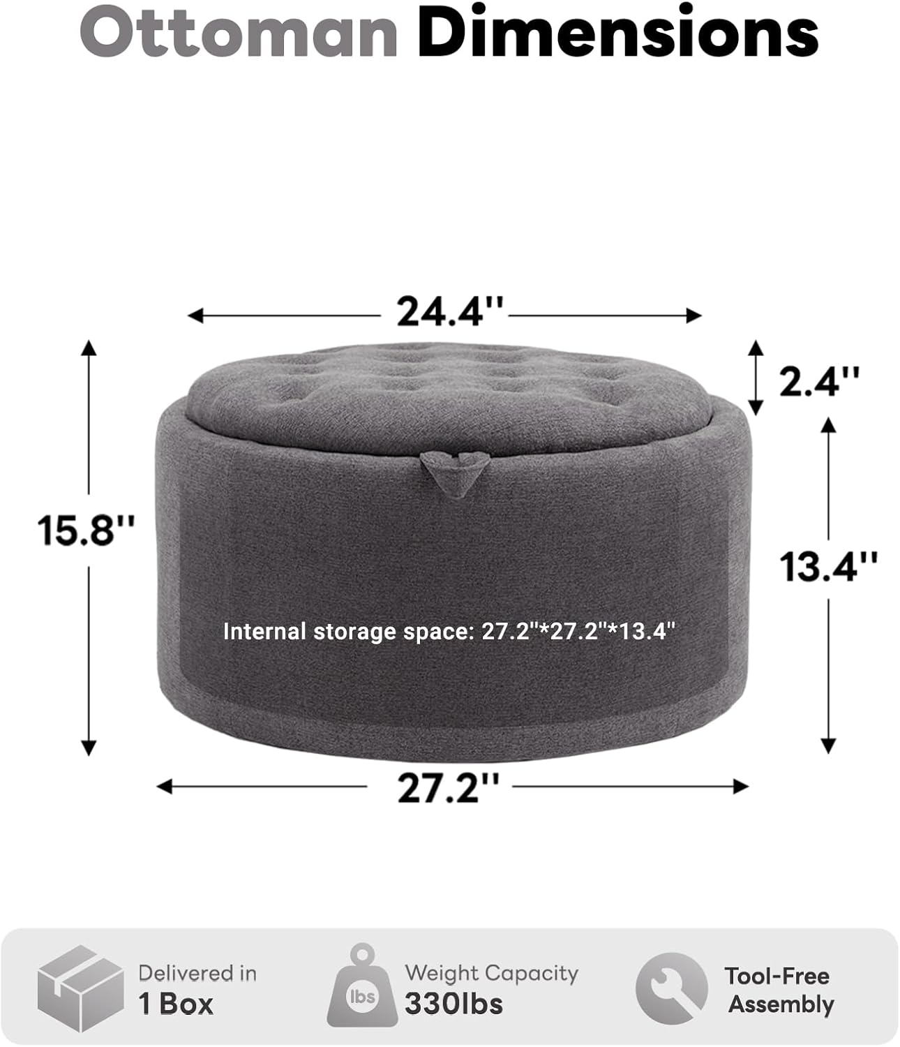 Tbfit Multi-Functional Round Storage Ottoman for Home - No-Assembly Footrest & Seat with Spacious Storage Plush Fabric Design for Living Room, Bedroom, Nursery (Dark Gray)