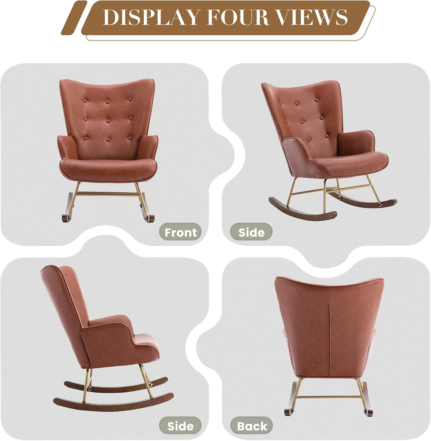 CIMOTA Nursery Rocking Chair, Faux Leather Upholstered Glider Chair with High Wingback, Nursery Rocker with Solid Wood & Metal Frame, Comfy Lounge Accent Chair for Living Room/Bedroom/Nursery, Brown