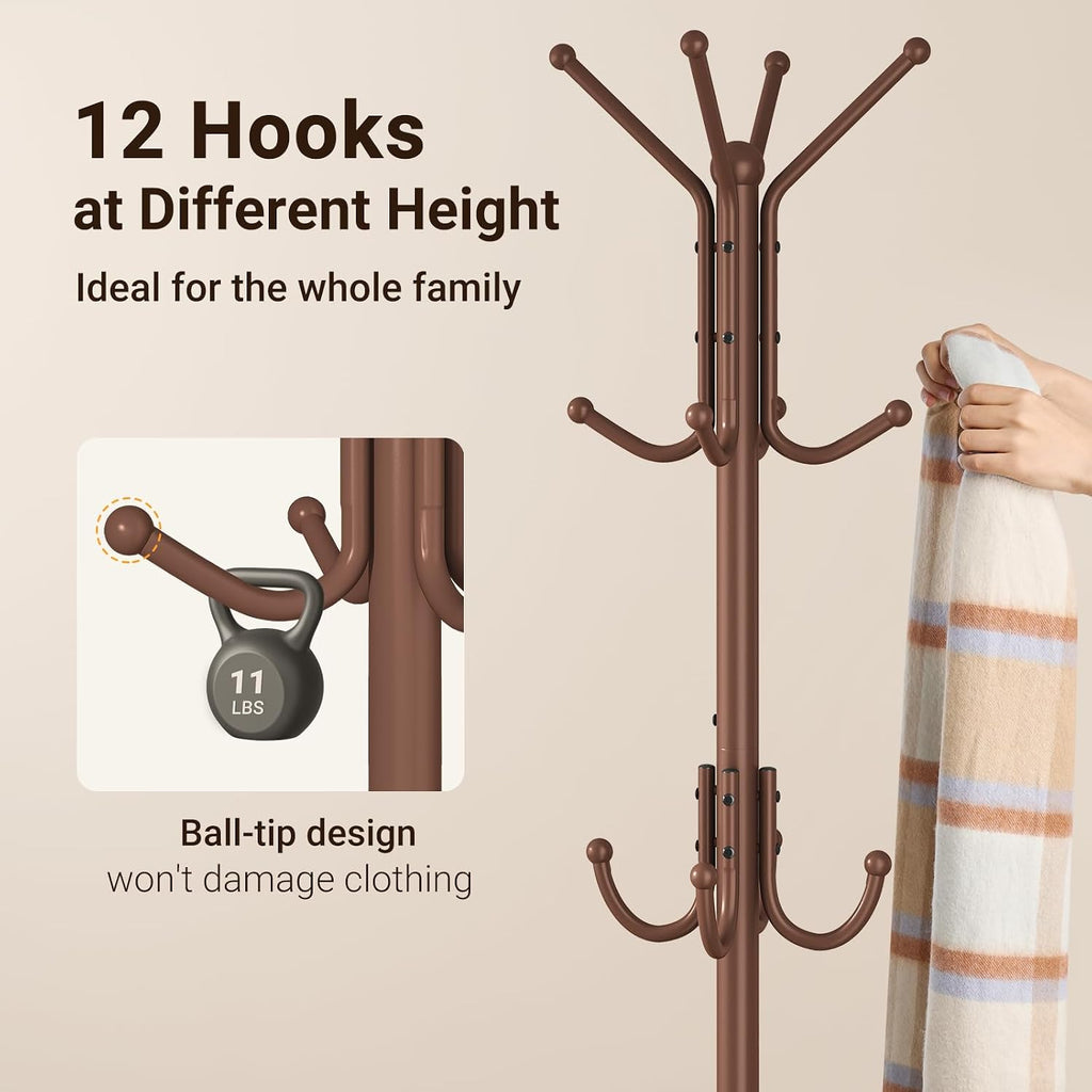 ELYKEN Coat Rack Freestanding, Metal Coat Rack with Umbrella Holder | 12 Hooks, Round Base, Heavy Duty Floor Standing Coat Tree for Entryway, Hallway, Living Room, Bedroom, Office, Brown