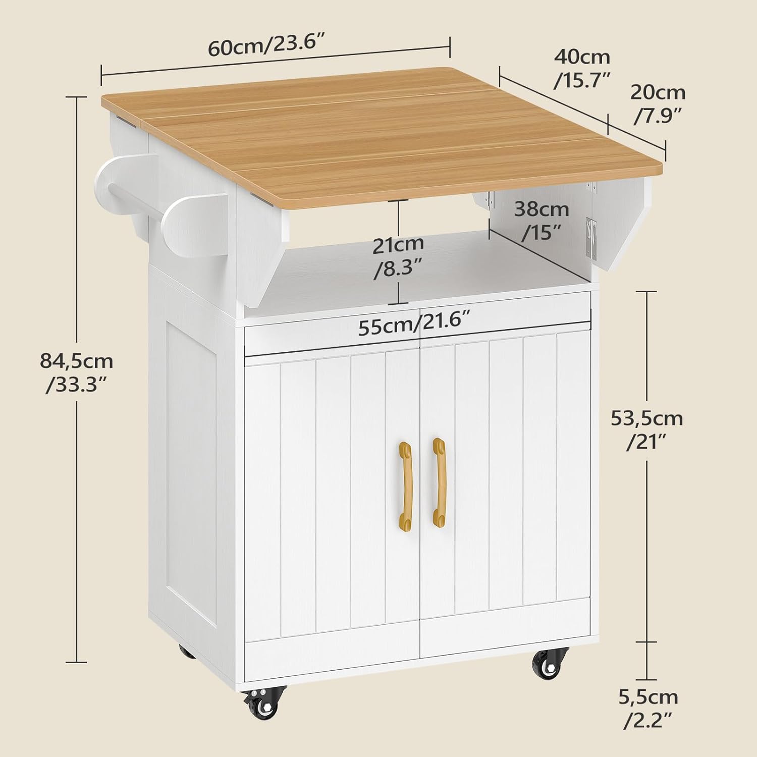 MAHANCRIS Kitchen Island on Wheels, Rolling Island Cart with Drop Leaf, Mobile Kitchen Island with Storage, Kitchen Island Table with Adjustable Shelf and Hooks, for Kitchen White and Natural KIBN9801