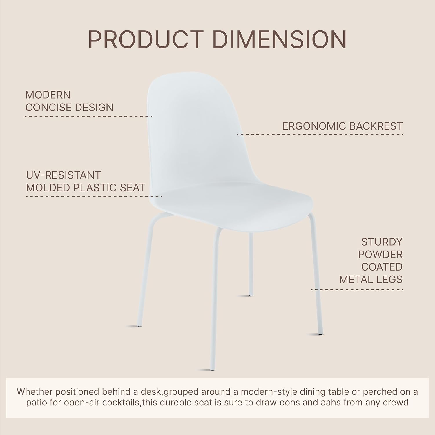 KISLOT Dining Chairs Set of 4, Plastic Outdoor Dining Room Chairs with Metal Legs, PP Anti-UV Stackable Patio Chairs with Ergonomic Back for Kitchen Swimming Pool, Easy Assembly, White