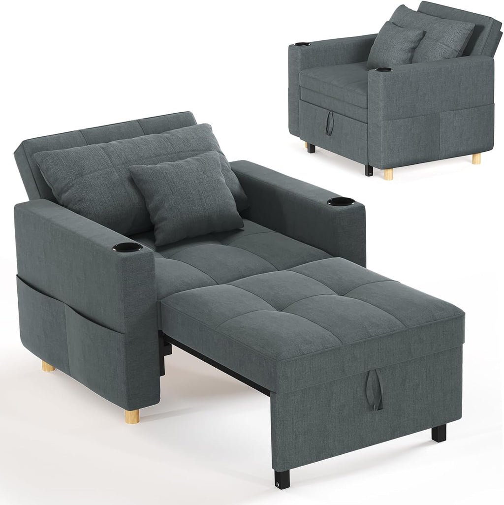 YODOLLA Sleeper Chair for Adults, 38" Extra Wide Convertible Chair Bed, Upgraded 3-in-1 Pull Out Single Sofa with Adjustable Backrest, Cup Holder for Living Room Apartment Small Space, Dark Grey