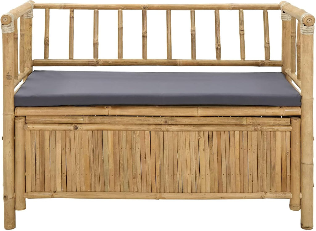 Bamboo Garden Storage Bench 110 x 47 x 80 cm, Outdoor Patio Seat with Hidden Compartment, Natural Finish Post Leg Design for Indoor or Outdoor Use