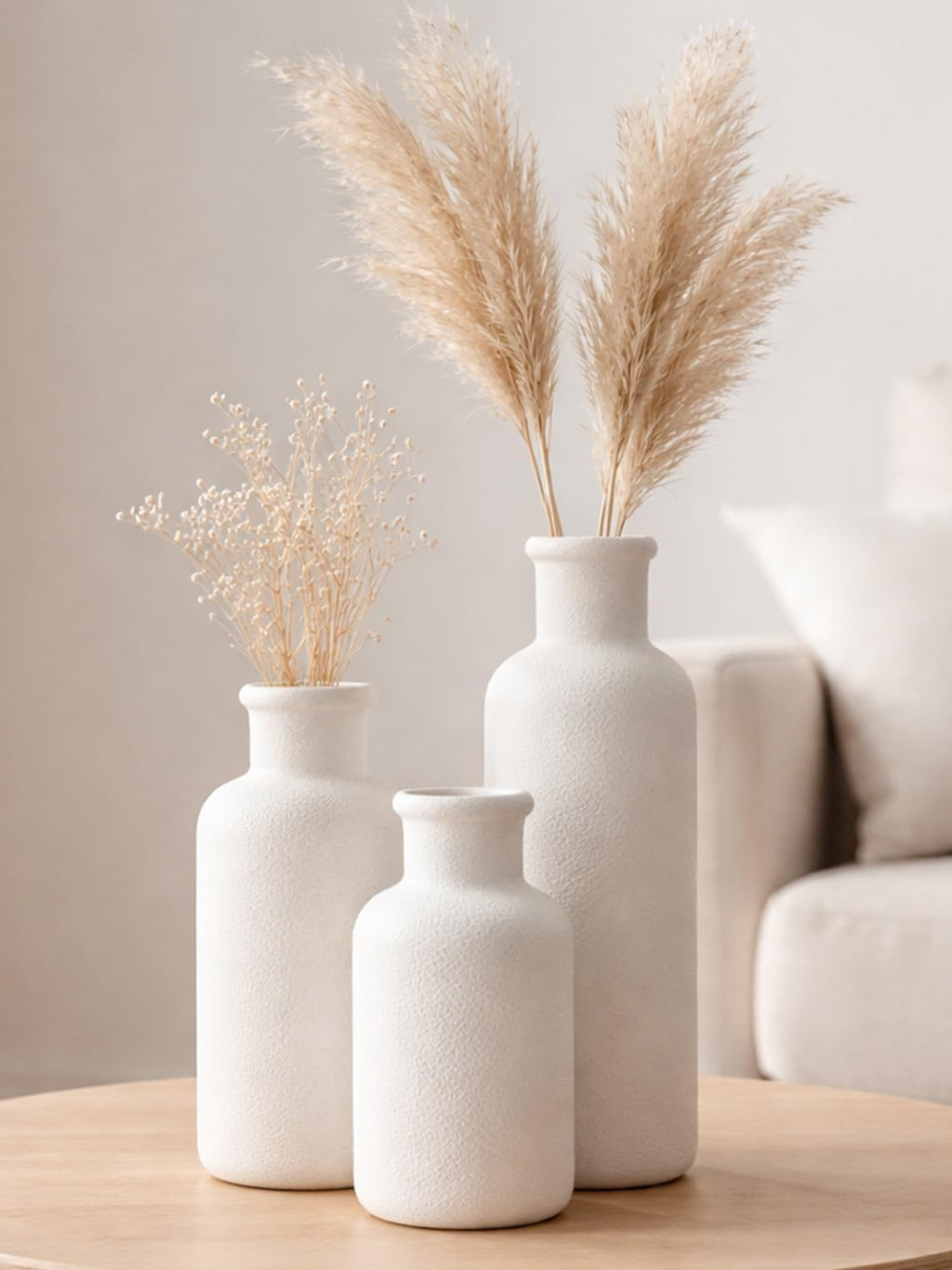 Ceramic Vase Set of 3 – Modern Minimalist White Vases with Matte Finish, Coordinated Tall Medium Short Decorative Vases for Home Decor