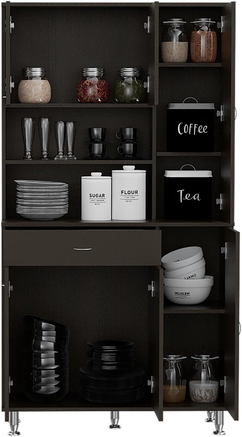 Tuhome Della 90 Kitchen Pantry, One Drawer, Multiple Cabinets, Two Open Shelves Black