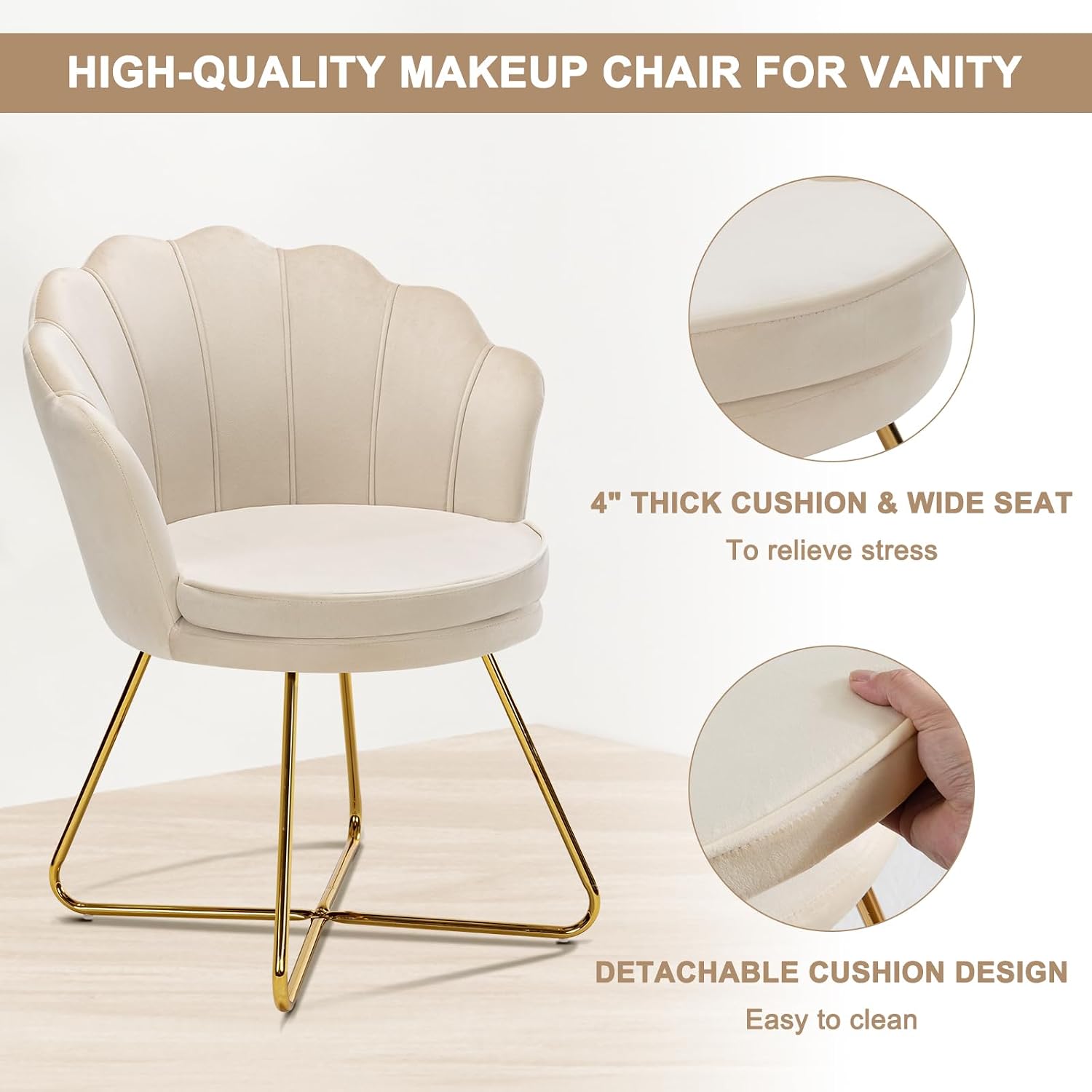Furnimart Accent Chairs Set of 2 for Living Room, Shell Vanity Chair with Back, Criss Cross Chair with Gold Legs, Side Chair for Bedroom, Makeup Room, Desk Chair no Wheels, Velvet Khaki 2PCS