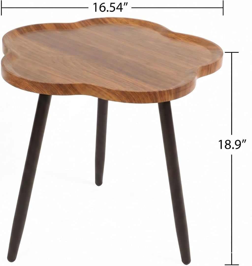 danpinera Round Side Table, Metal Legged Accent Table with Wooden Tray, Flower Tray Small Round End Table for Living Room, Bedroom, Nursery Rustic Brown