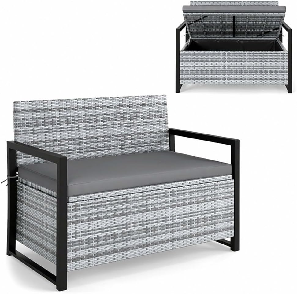 Gray Rustic PE Rattan Outdoor Storage Bench 24.5x46x33.5in, 800lb Capacity, 40 Gal Under-Seat, Weather-Resistant for Patio