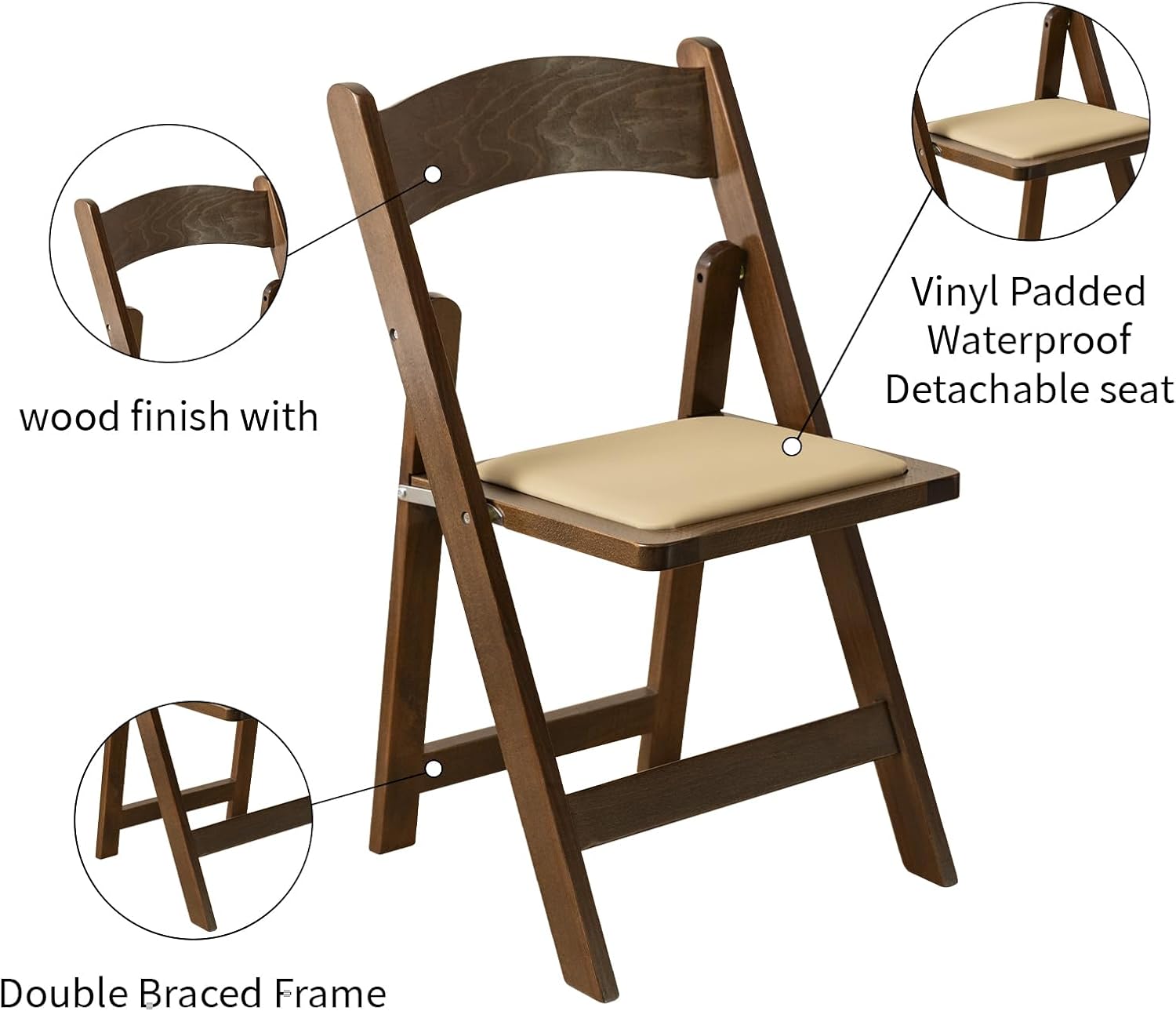 Wooden Folding Chair with Soft Cushion, Simple and Stylish, Comfortable and Durable, Suitable for Weddings, banquets and Events,Classic-Fruitwood, Set of 2