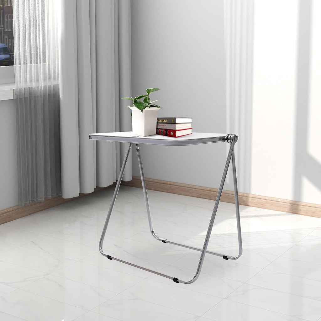 Foldable Side Table 27 Inch - Clear Tea Tinted Portable Desk｜Space-Saving Nesting Table w/Dual-Axle Joint｜Bedside End Table for Small Apartments & Home Office (NO-Transparency White)
