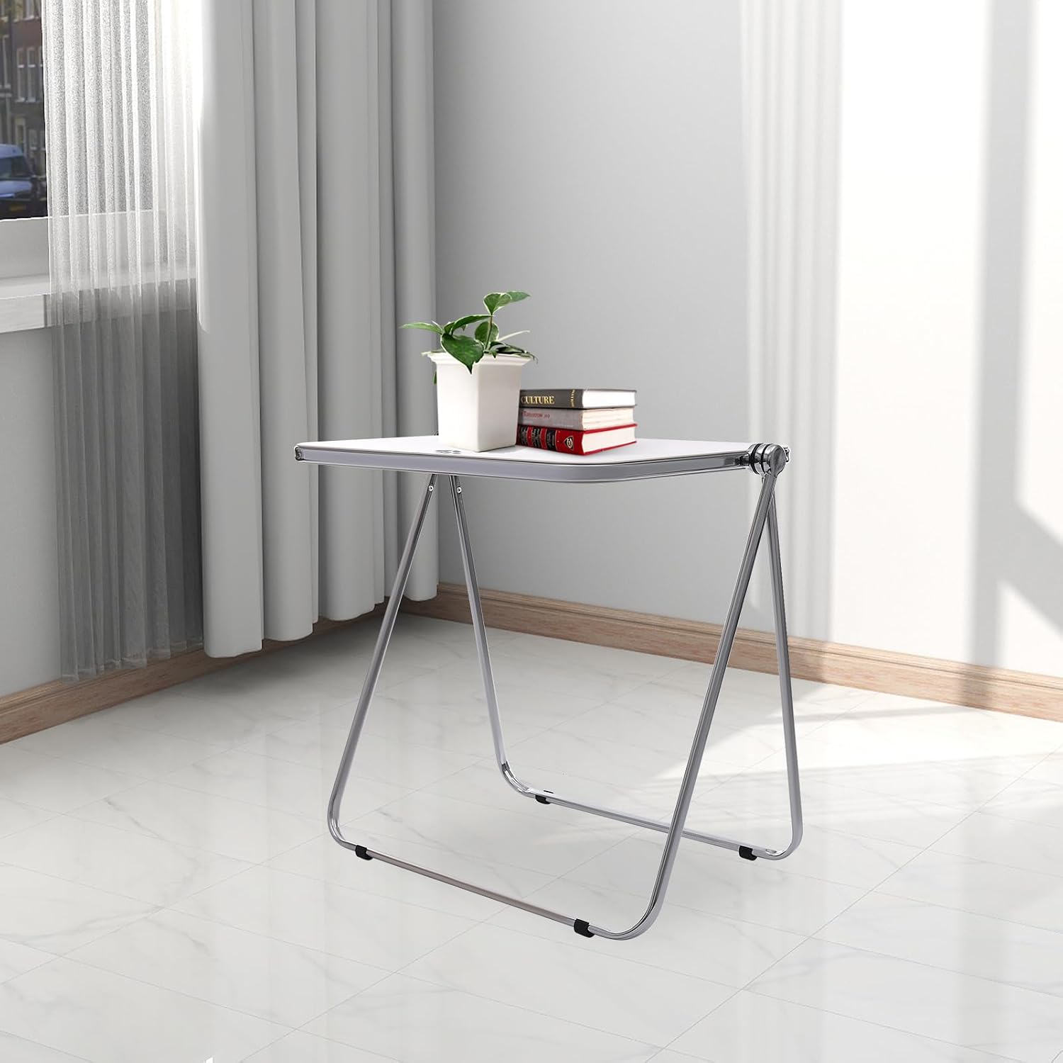 Foldable Side Table 27 Inch - Clear Tea Tinted Portable Desk｜Space-Saving Nesting Table w/Dual-Axle Joint｜Bedside End Table for Small Apartments & Home Office (NO-Transparency White)