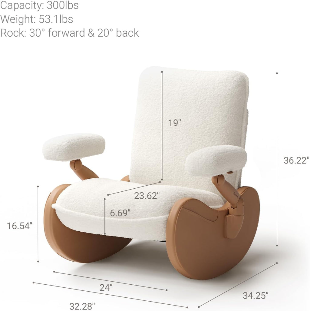 MAMAZING Lullabud Nursery Rocking Chair with Adjustable Armrests for Living Room, Upholstered Nursing Chair with Removable Cover for Breastfeeding(Brown/Beige)