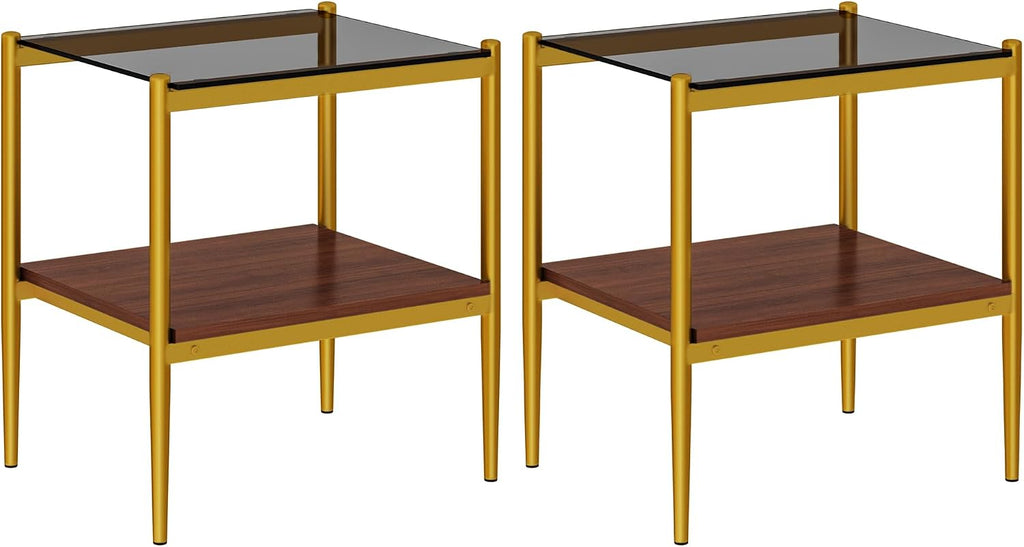 End Table Set of 2, Tempered Glass Side Tables Set with Wooden Storage Shelf, 2-Piece Nightstands for Bedroom, Living Room