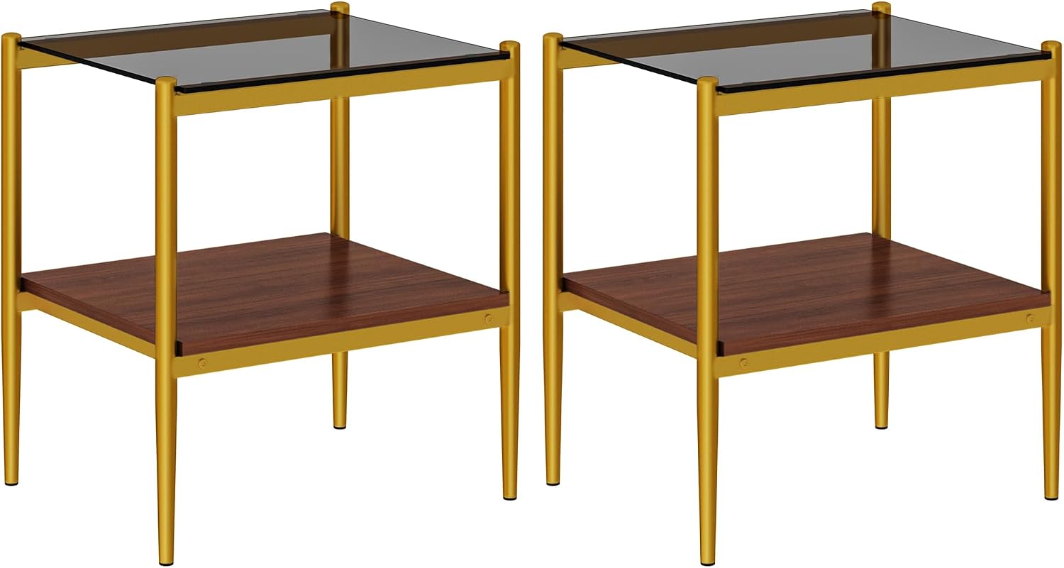 End Table Set of 2, Tempered Glass Side Tables Set with Wooden Storage Shelf, 2-Piece Nightstands for Bedroom, Living Room