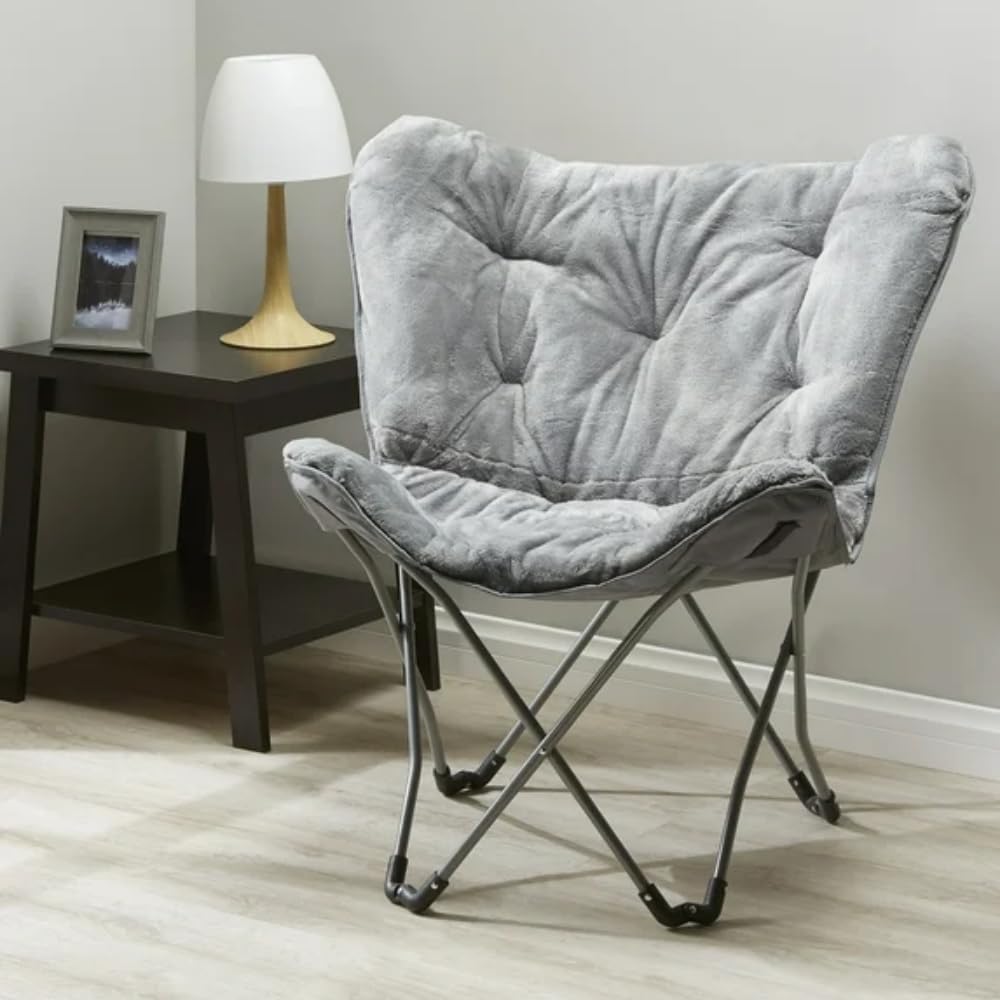Folding Butterfly Chair, Plush Faux Fur Accent Chair with Durable Steel Frame, Portable Lazy Lounge Chair for Bedroom, Dorm, Apartment, Living Room, Reading and Gaming (Gray)