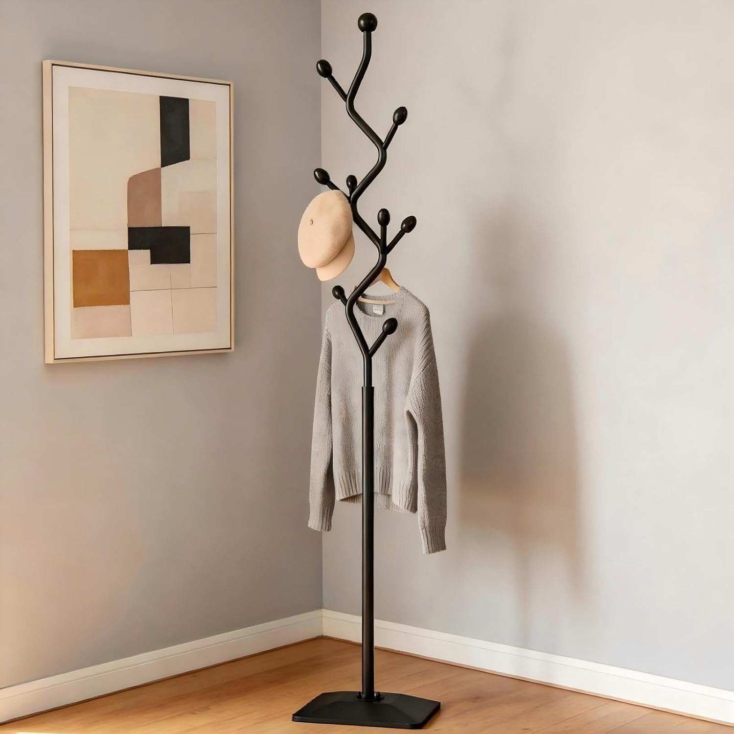 Coat Rack Freestanding Metal Tree Coat Rack Stand with Hooks, Modern Standing Hat Rack for Entryway Hallway Bedroom Office (black)