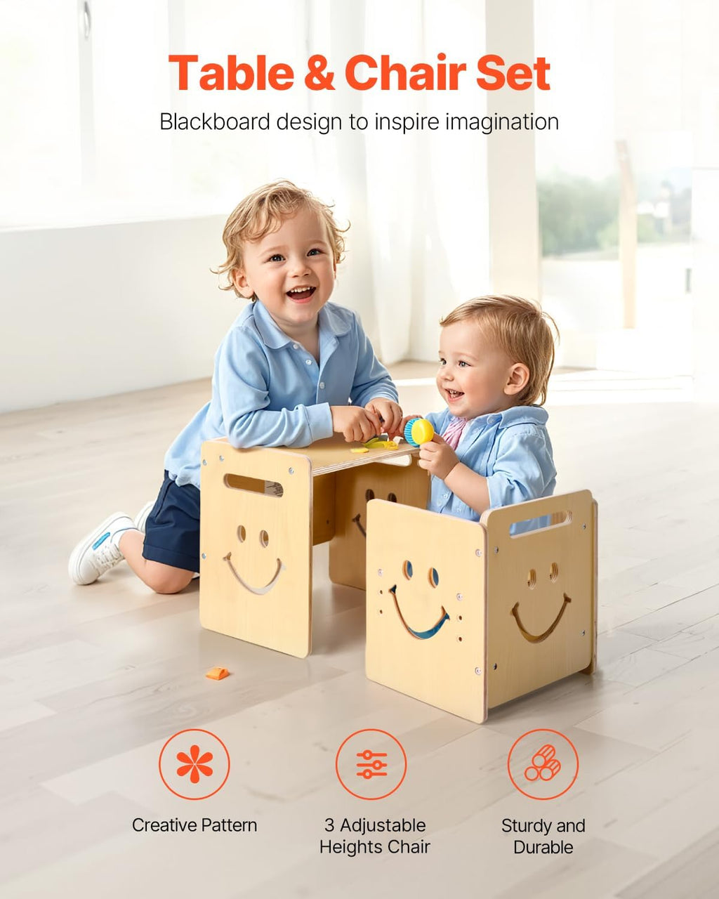VEVOR Montessori Weaning Table and Chair Set, 3 in 1 Wooden Toddler Table and Chairs with Chalkboard, Adjustable Height Montessori Table for Ages 1-5, Ideal for Drawing, Reading, Eating - Natural
