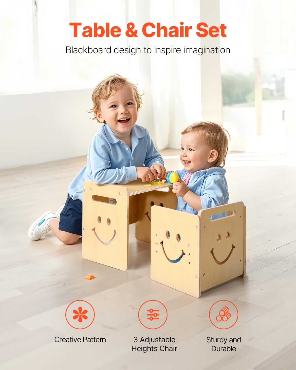 VEVOR Montessori Weaning Table and Chair Set, 3 in 1 Wooden Toddler Table and Chairs with Chalkboard, Adjustable Height Montessori Table for Ages 1-5, Ideal for Drawing, Reading, Eating - Natural