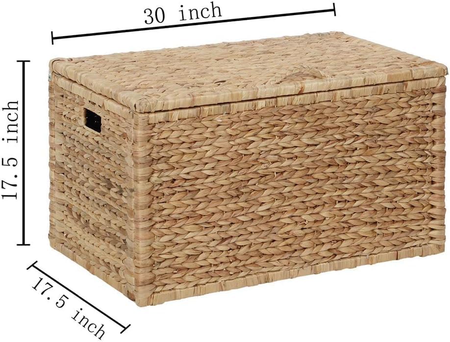 eHemco Water Hyacinth Wicker Storage Trunk with Metal Frame, Decorative Blanket Chest & Storage Box, Farmhouse Woven Storage for Bedroom, Living Room & Entryway, Natural, 30 x 17.5 x 17.5 Inch
