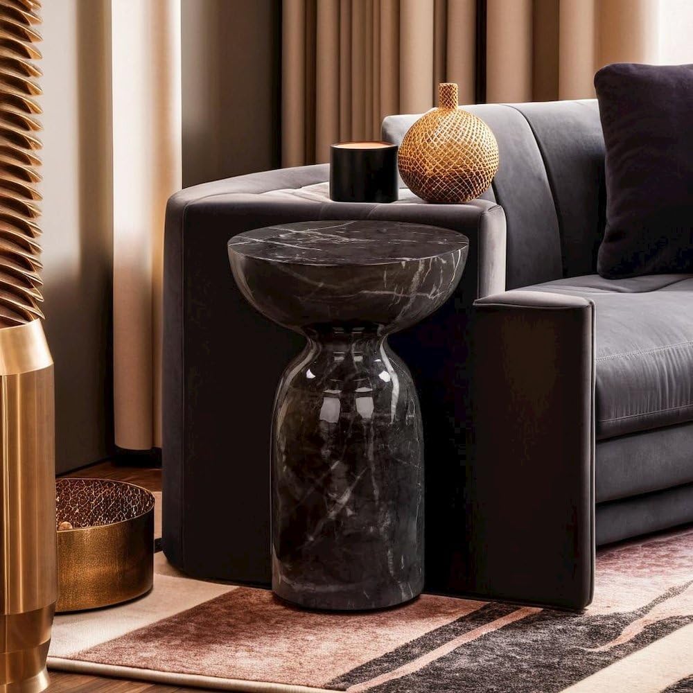 Furnifact Black Marble Side Table in Concrete, Handmade by Artisans for a Stylish Addition to Any Living Room, Ships Fully Assembled