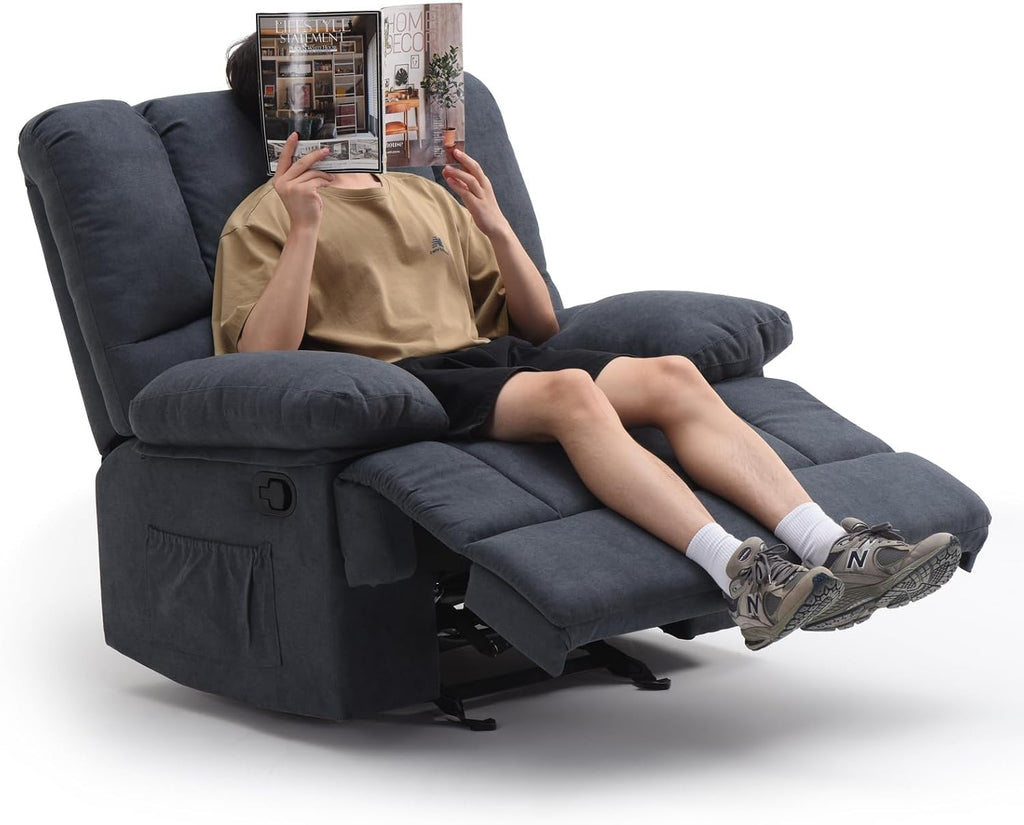 Oversized Rocker Recliner Chair, Wide Rocker Chair with Adjustable Backrest Footrest, Lazy Boy Oversized Recliner for Adults, Reclining Sofa for Living Room, Reading, Bedroom, Blue Black
