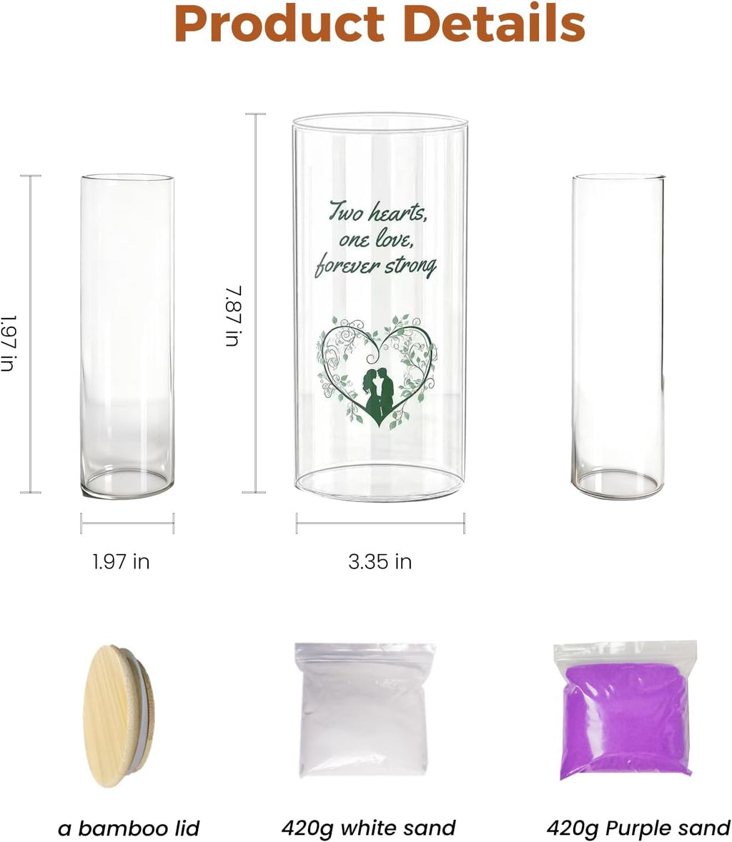 Sandraheer Unity Sand Ceremony Set for Wedding — 3 Clear Glass Vases, Purple & White Colored Sand, Bamboo Cork Lid, Keepsake Display Bottle