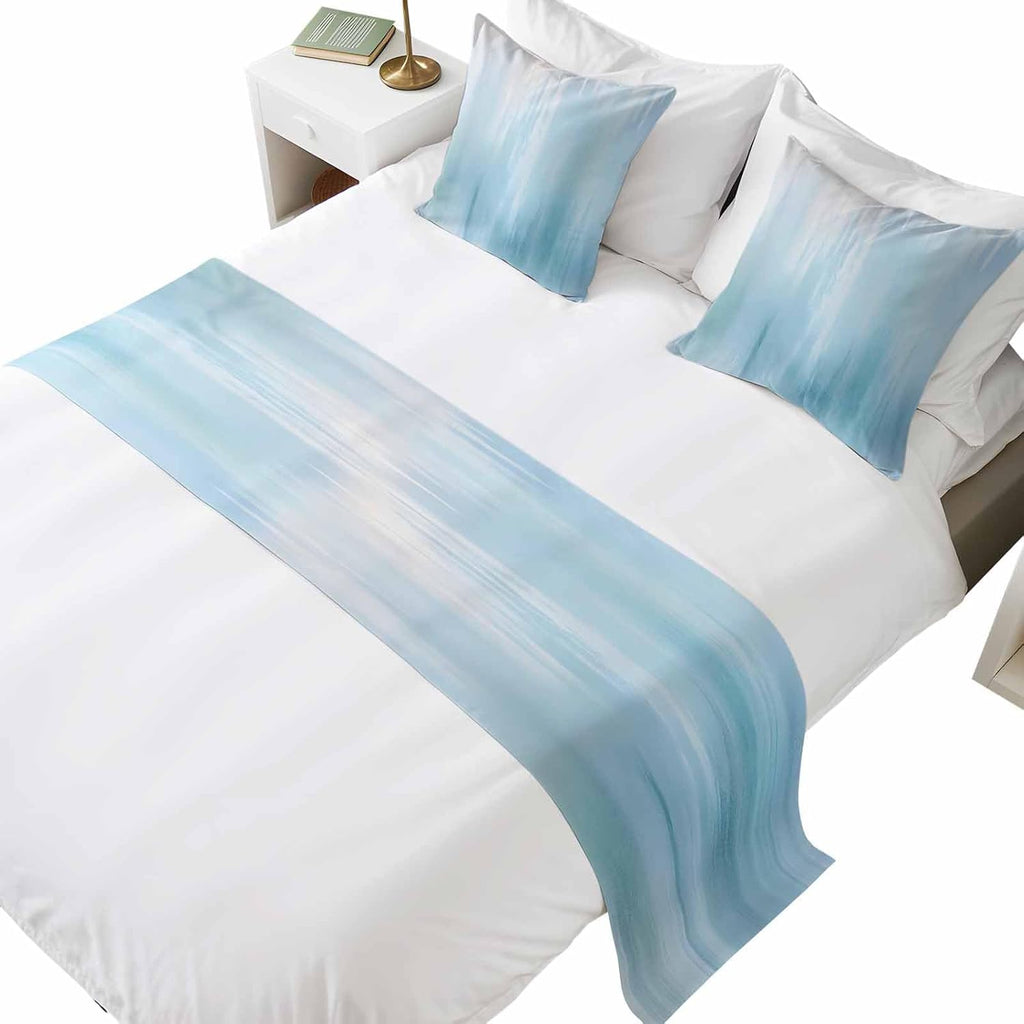 Bed Runner for Cal. King Size Bed, Light Blue Ombre Decorative Beds Runners and 2 Matching Pillow Covers Set, Modern Abstract Gradient Minimalist Art Beds Scarf Throw for Foot of Bedding Set for Hotel