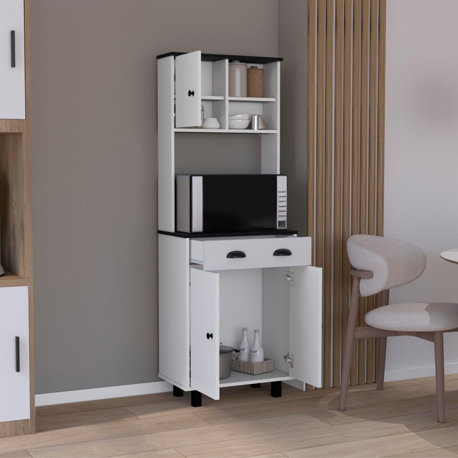 Depot E-Shop Waco 67" H Kitchen Pantry with Two Cabinets, Two Open Shelves, and One Drawer, White/Black