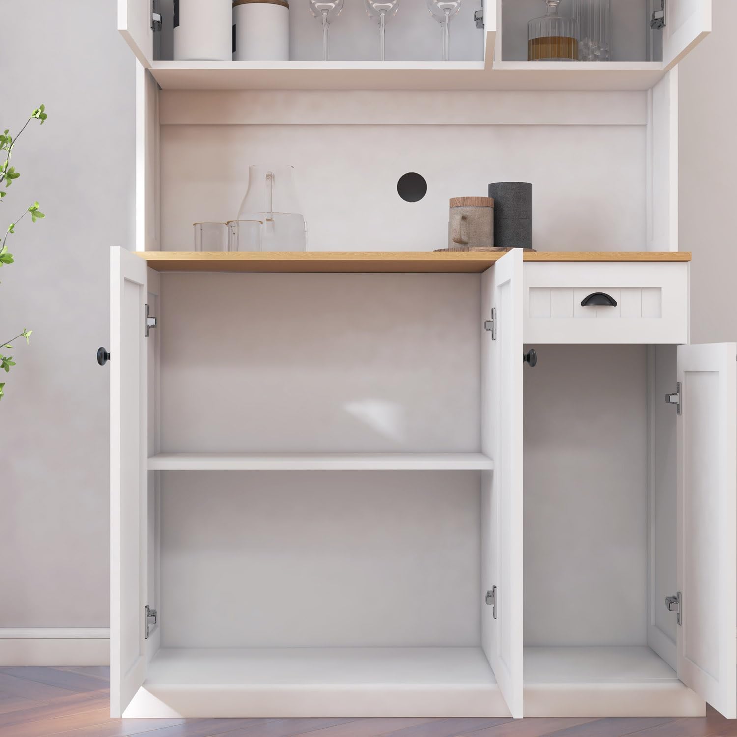 71'' Tall Kitchen Pantry Storage Cabinet with Storage, Kitchen Hutch Cabinets with Microwave Countertop, Kitchen Cupboard with Adjustable Shelves, Doors and Drawer (White A)