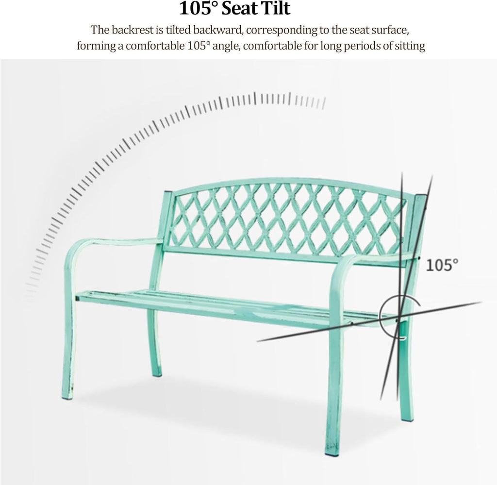 Vintage Distressed Outdoor Park Bench w/Woven Mesh Backrest, Heavy-Duty Metal Loveseat Chair with Curved Armrests, Slatted Seat, Perfect for Yard, Lawn, Balcony, Backyard(Green)