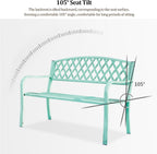 Vintage Distressed Outdoor Park Bench w/Woven Mesh Backrest, Heavy-Duty Metal Loveseat Chair with Curved Armrests, Slatted Seat, Perfect for Yard, Lawn, Balcony, Backyard(Green)