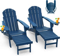 GREENVINES Adirondack-Chairs-with-Ottoman | Set of 2 | Folding | Retractable-Footrest | HDPE Plastic | All Weather Fire Pit Chair | Cup Holders | Blue | for Outdoor Poolside
